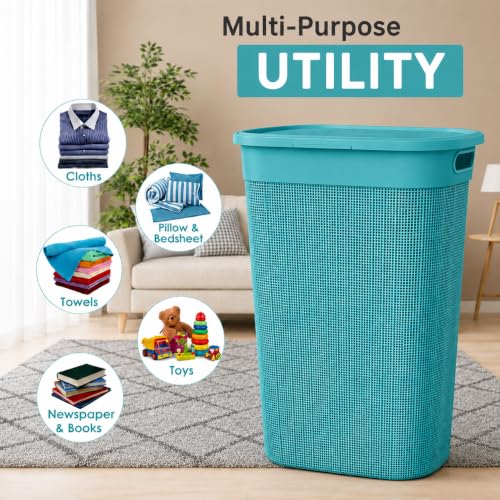Image of KITCHIVO Plastic Large 55 Ltr Laundry Basket with Lid & Handle | Multipurpose Hamper Bins Storing Washable Clothes, Blankets | Household Ideal for Home & Bathroom (Woods Firoza)