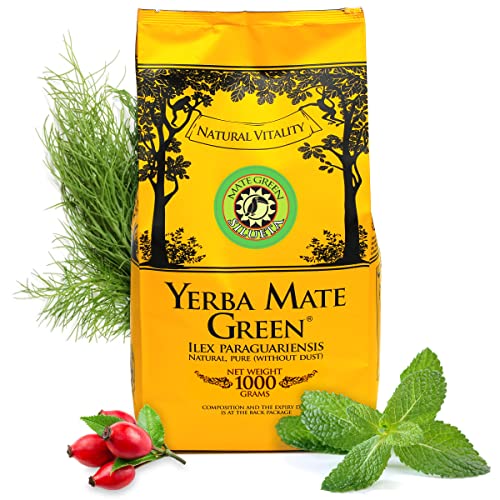 Yerba Mate Green Silueta 1000 g | Mate Grün Brasilianischer Mate-Tee 1 Kg | Leicht Süß und Sauer Mate Tee | mit Minzblatt, Hagebutte | Fenchelfrucht und Apfelaroma | Hohe Qualität Großes Paket Cover