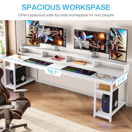 Image of Tribesigns Two Person Desk with Monitor Stand, 78.74 inch Long Double Computer Office Desk with Storage Shelves, Large Gaming Desk Study Writing Table Workstation for Home Office (White)