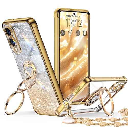 Image of XYZ for Galaxy S25 Edge Case with Stand, for Samsung Galaxy S25 Edge Case with Double Ring, Women Girls Bling Luxury Glitter Clear Phone Case Cover Heart for Samsung S25 Edge, Gold