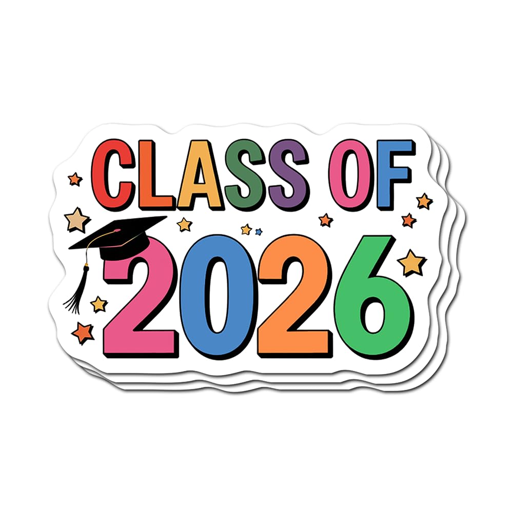 Class of 2026 Graduation Sticker Pack, Colorful Vinyl Decals with Stars, 3 Pieces, 3 Inch, for Laptops, Water Bottles, Scrapbooks