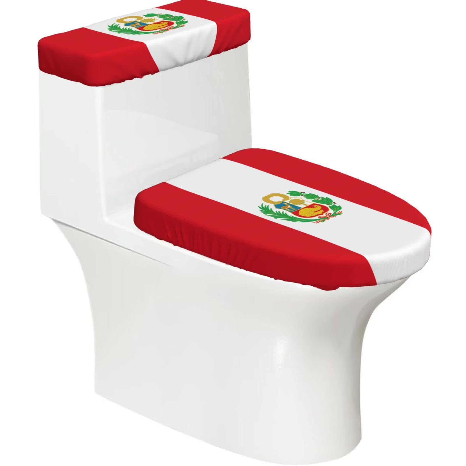 Flag of Peru Elastic Toilet Cover Set of 2-Stretchy Lid and Tank Covers for Bathroom, Soft Washable U Shape Toilet Decor