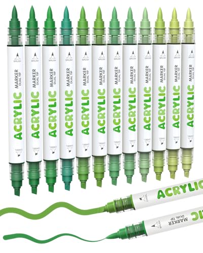 Guangna 12 Green Dual Tip Acrylic Paint Markers Brush Tip & Chisel Tip Acrylic Paint Pens for Pumpkin Paint Rock Wood Glass Paper Coloring Book Ceramic Canvas Water-Based Ink
