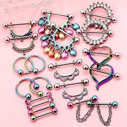 Ftovosyo 20Pcs Nipple Ring 14G Surgical Steel Tongue Nipplerings Barbell Bar Hoop Rings Retainer CZ Heart Chain Dangle Nipple Piercing Jewelry for Women Men 14MM (9/16 Inch)4