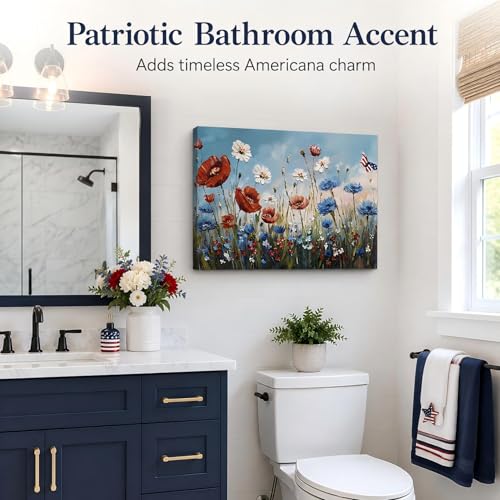 Image of Patriotic Red White Blue Wildflower Wall Art, 4th of July Floral Canvas Prints, Framed Independence Day Wall Decor, American Flag Butterfly Artwork for Bedroom Office, Made in USA