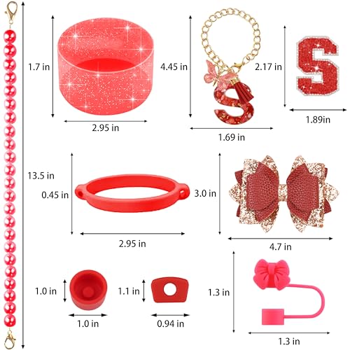 Hpebl 9PCS Red for Stanley Cup Accessories Set Bling Initials Bow Charms for Stanley Decorations 30/40 Oz Tumbler Accessories Including Bow Straw Topper, Handle Strap, Spill Stopper（Letter S） - image 3