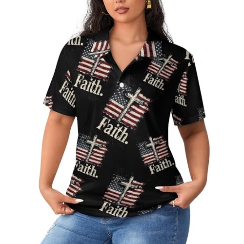 Polo de manga corta para mujer con bandera de EE. UU. Faith