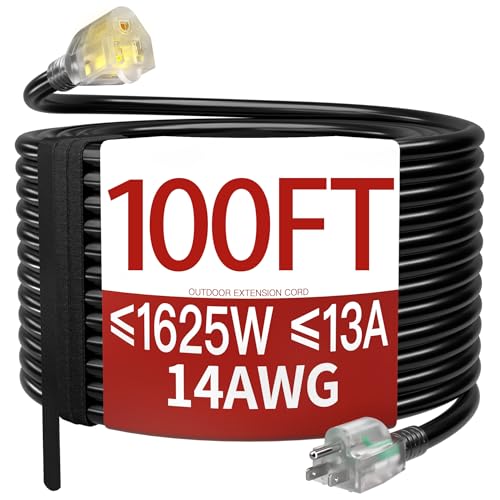 Image of 100 FT 14 /3 Extension Cord Outdoor, Heavy Duty Weatherproof & Flame Retardant Black 3 Prong Power Cord with Light, Outside for Lawn & Garden, 13 Amps 1625 Watts 125 VAC 14AWG SJTW, ETL Listed