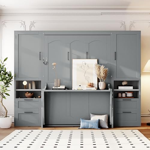 Merax Full Size Murphy Bed with Desk, Space-Saving Wall Bed Frame with Closet, Drawers and Shelves, Multifunctional Foldable Platform Bed for Small Spaces Studio Study Office Guest Room, Gray