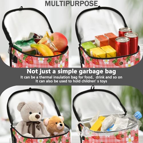 Image of Strawberry Florals Checkered Plaid Car Trash Can Car Garbage Bag with Lid Hanging Waterproof Leak Proof Vehicle Storage Bin