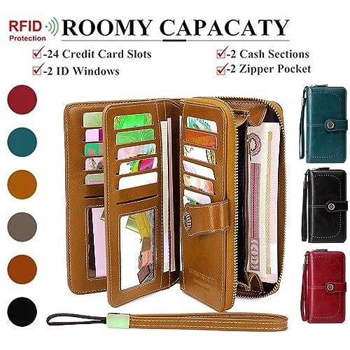 Image of Women Leather Wallet Crossbody Shoulder Bag with Double Zipper and Mobile Phone Purse with Shoulder Strap