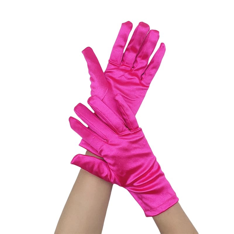 Women Short Satin,Child Adult Gloves Wedding Party Wrist Length Gown Opera Gloves-Dark Pink