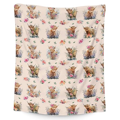Mercuryelf Highland Cow Throw Blanket - Soft, Fuzzy & Warm - 40x50 Inches Flannel Blankets for Travel, Office - Beige Cute Throws Gift for Kids