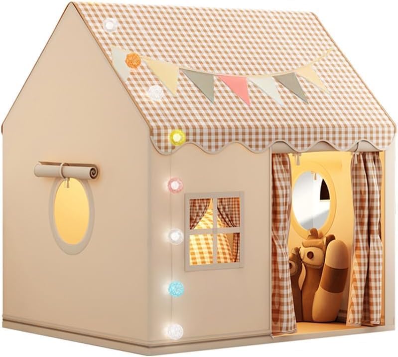 Kids Tent Playhouse with Star Lights and Tote Bags, Kids Play Tent Indoor & Outdoor, Washable Teepee Tent for Boys & Girls, Toy House for Toddler, Neutral Color Play Room Furniture (Beige-1)