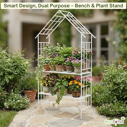 Image of ecofynd 8 Feet High x 3.7 Feet Wide 2-Seater Hut-Shaped Garden Bench, Metal Arbor Trellis for Climbing Plant with Outdoor Garden Chair, Backdrop Stand for Wedding Lawn Backyard Party Decor (GC002-WHT)