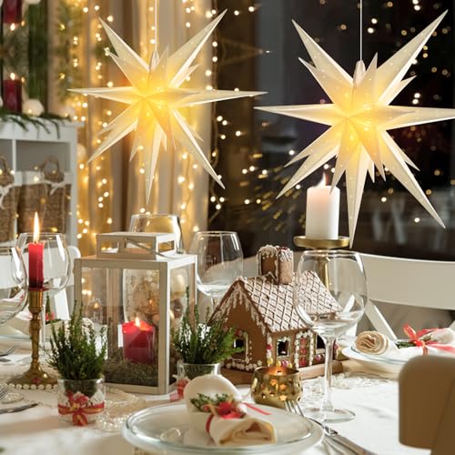 Image of SUNBEAUTY 21 Inches White Large Moravian Stars Outdoor Light Warm White LED Hanging Star Lights 3D Christmas Tree Topper Star for Holiday Wedding Birthday Porch Party Decor