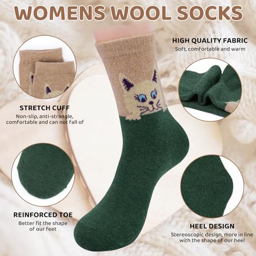 Image of 5 Pairs Wool Socks for Women, Winter Warm Cute Cat Crew Socks