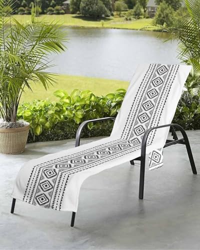 Beach Pool Patio Lounge Chaise Chair Cover Towel with Pockets,Black White Boho Absorbent & Quick Dry Microfiber Towel Cover Bag Summer Travel Accessories Southwest Geometric Stripes Striped