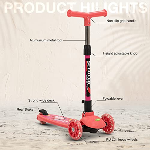 Image of Baybee Phoenix Skate Scooter for Kids, Smart 3 Wheel Kids Scooter with 3 Height Adjustable Handle, Kick Scooter with Led PU Wheels & Rear Brake, Runner Scooter for Kids 3 to 6 Years Boy Girl (Pink)