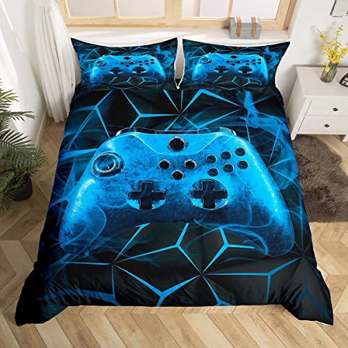 Loussiesd Boys Gaming Comforter Cover Games Bedding Set Kids Teens Video Game Controller Duvet Cover Set Gamer Console Action Buttons Bedspread Cover Soft Bright Children Bedroom Zipper Blue Single