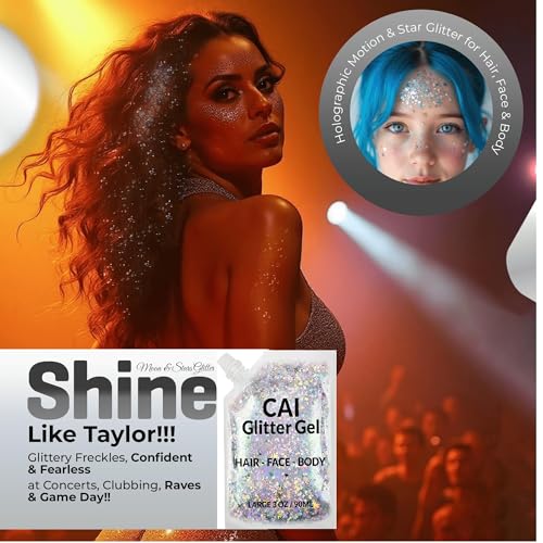 Face, Body & Hair Glitter Gel – Halloween Glitter for Kids and Women – 3 Oz Cosmetic-Grade Gel w/Moon & Stars for Festivals & Halloween Party, Easy Apply & Wash Off - Silver 1Pack