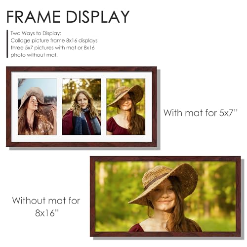 Image of DUENPY 8x16 Collage Picture Frame 5x7 Collage Picture Frame Displays Three 5x7 inch Photos or 8x16 (Without Mat) for Available Horizontal Wall Mounting Display and Vertical Redwood