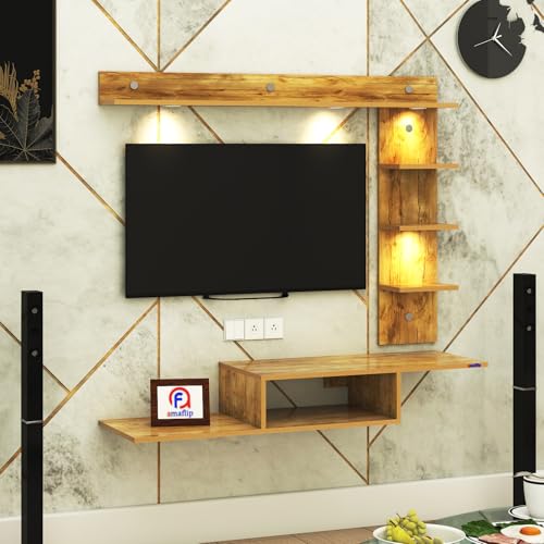 Image of Wintor Engineered Wood Wall Mounted TV Unit with 4 LED Lights, 3 Open Shelves, 1 Storage Box & Decorative Display Shelf for Living Room | Ideal for Upto 43 Inch TV- GiantWood(DIY Assembly)