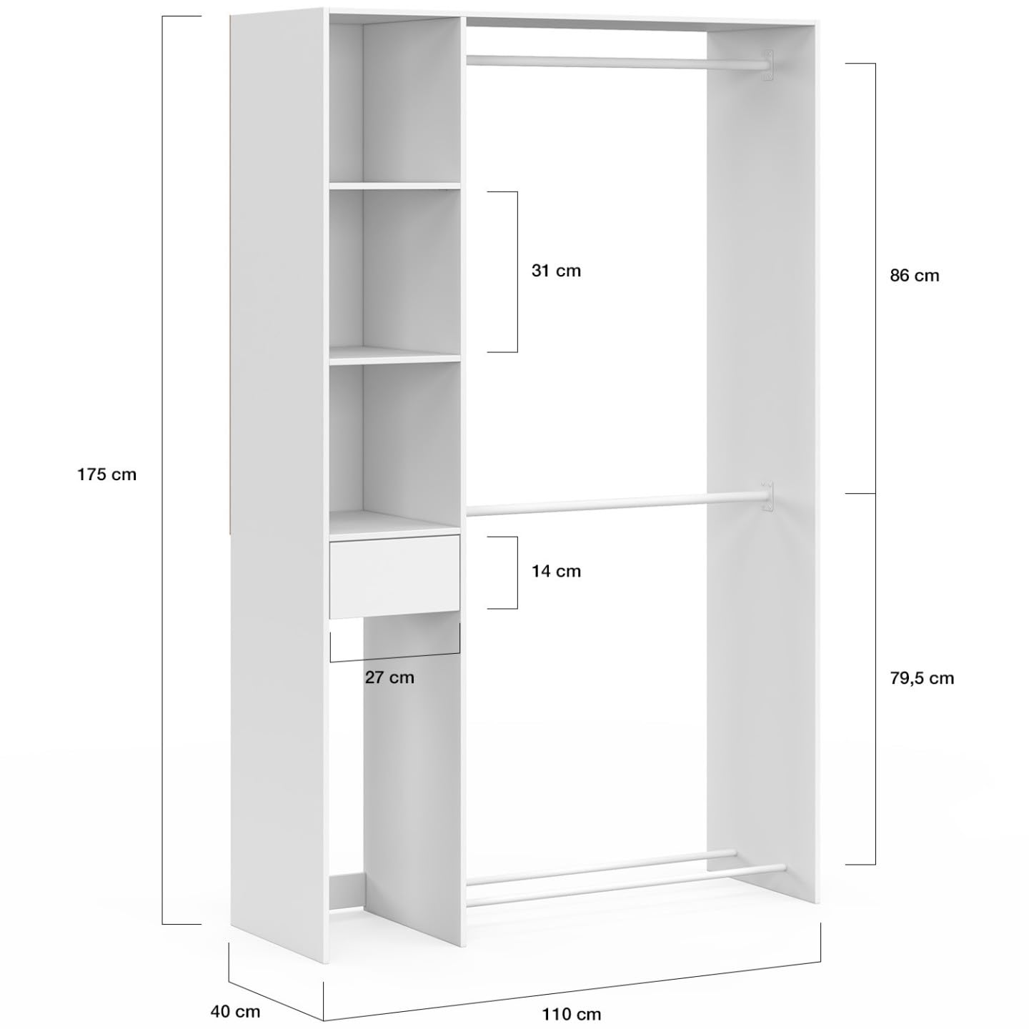 IDMarket - Armario doble L. 110 cm MIRTY con estantes + cajón + zapatero, color blanco