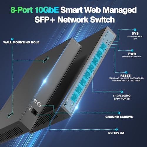 8 Port 10G Web Managed Switch,8X10G SFP+ Ports, Link Aggregation/QoS/VLAN/IGMP, Wall Mounted Fanless 10Gb Multi-gig Network Switch - Image 3