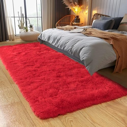 KING DARE Runner Rugs for Bedroom, 2x6 Red Rug for Dorm Girls Room, Fluffy Shaggy Fuzzy Shag Plush Non-Slip Washable Soft Carpet for Bedside Kids Room Indoor Decor
