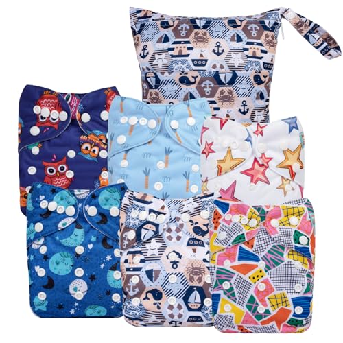 Image of ALVABABY 6 Pack Cloth Diaper with 12 Inserts One Size Adjustable Washable Reusable Diaper Cover for Baby Girls and Boys