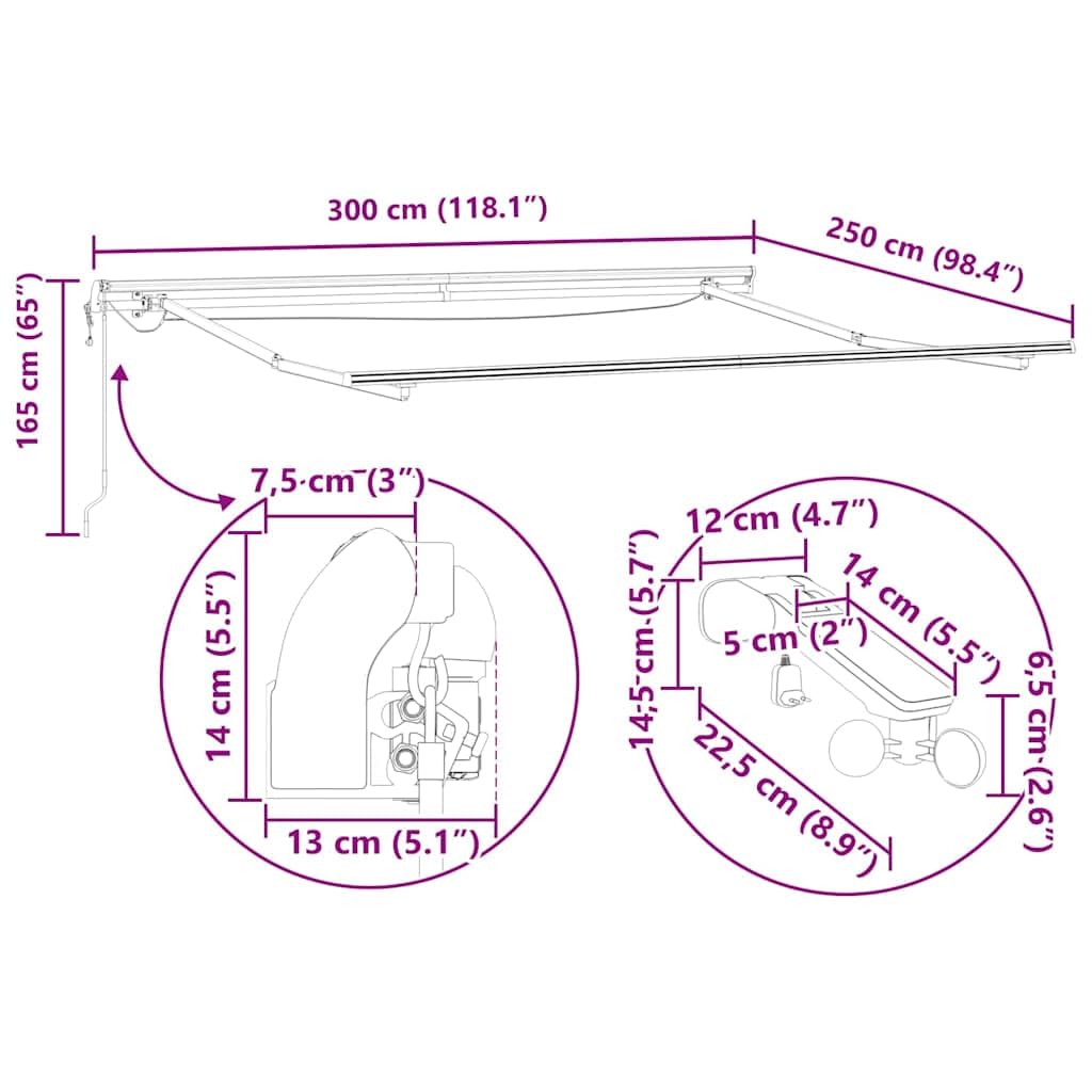 Marco de toldo blanco de aluminio 3 x 2,5 m, extensible con manivela para balcón, terraza, jardín, protección solar, privacidad y uso exterior resistente a la intemperie