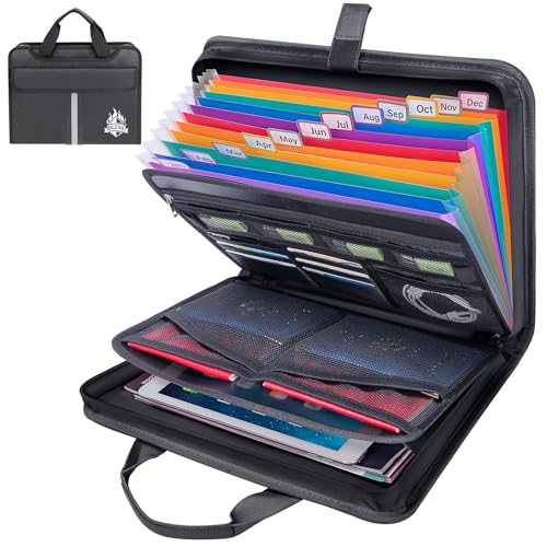Fireproof Document Organizer with Handle, 12 Pockets PVC Accordion File Organizer
