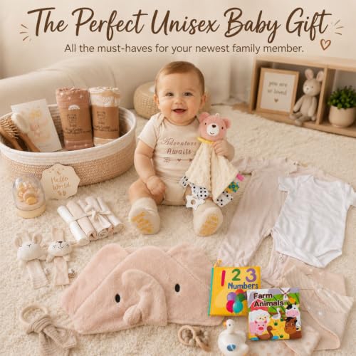 Image of Ultimate Gender-Neutral Baby Gift Basket, Neutral Beige Newborn Essentials, Premium All-in-One Unisex Baby Shower & Gender Reveal Gift Set for Boys & Girls with Swaddle Diaper Caddy Organizer