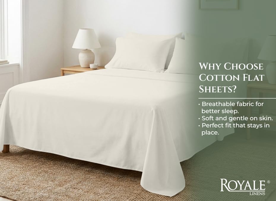 Image of Royale Linens 100% Organic Cotton Queen Size Flat Sheet Only - Percale Top Sheets - Queen Flat Sheet Sold Separately - Lightweight & Super Soft 100% Cotton Sand Bed Sheets Only (90 inch x 102 inch, Sand)