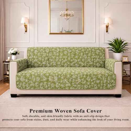 Image of STITCHNEST 'Opulence Series' Floral Woven Sofa Cover for 3 Seater | Premium Soft Fabric Sofa Protector | Green Floral Pattern with Armrest Pockets | Durable Living Room Furniture Cover