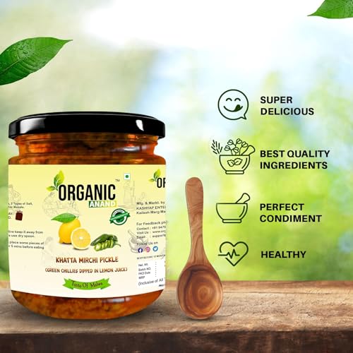 Image of Organic Anand Homemade Natural Green Chilli Pickle 500 Gram Hari Mirchi Ka Achar Dipped in Lemon Juice Khatta Spicy No preservative