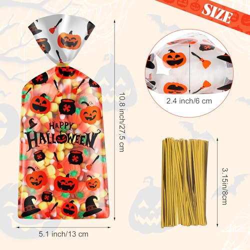 100 Pcs Halloween Treat Bags Happy Halloweens Goodie Bag Plastic Halloween Pumpkin Celloph - image 3