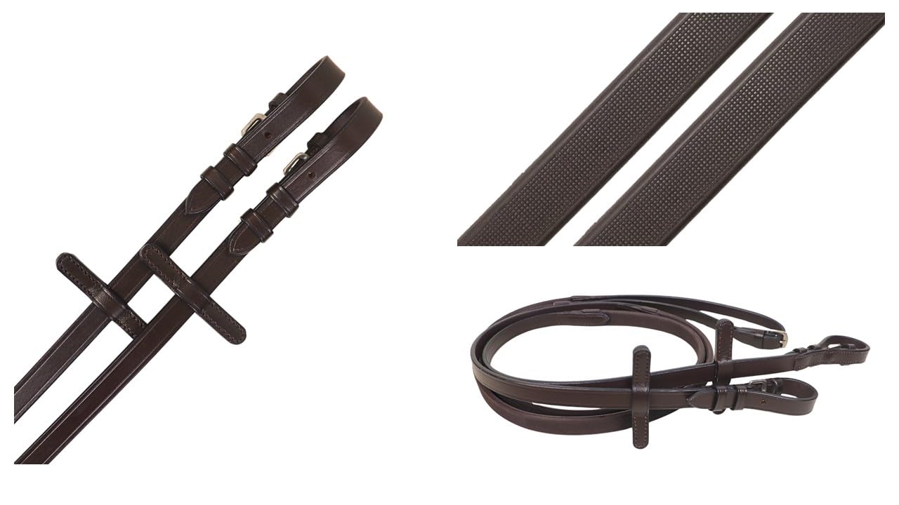 Horse Leather Reins with Pimple Rubber Grip, Anti-Slip Premium Quality Leather, Black and Brown (Brown, Pony)