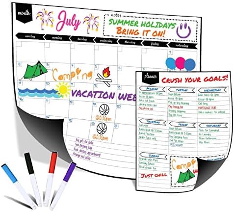 Magnetic Dry Erase Monthly Fridge Calendar 17"x13" with Multi-Purpose Planner 8.5”x11” Plus 4 Bonus Markers. Reusable Refrigerator Planner/Erasable Whiteboard Kitchen Grocery List by KABOOCHY