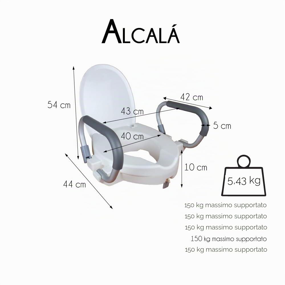 Mobiclinic, Rialzo per wc anziani, Alcalá, Marchio europeo, 10 cm, Alzawater, Braccioli ribaltabili, Con coperchio, Bidet, Ausili, Mobilità ridotta, Ortopedico, Bianco