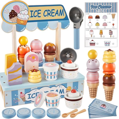 HERSITY Heladeria Juguete Madera Carrito de Helados, Accesorios de Cocina para Niños con Dinero de Menú, Juego Alimentos Juego de Roles para Niñas Niños 3 4 5 Años, Azul