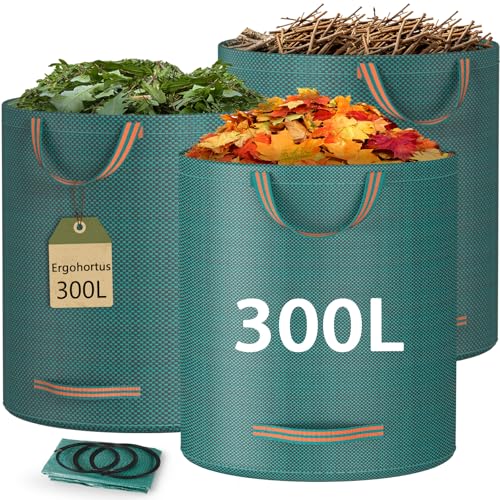 Ergohortus Gartenabfallsack 300L x 3 Wiederverwendbare Gartensack mit Griffen Faltbare Laubsack für Laub Abfall Grünschnitt Wasserdichte Gartenabfallsack stabil