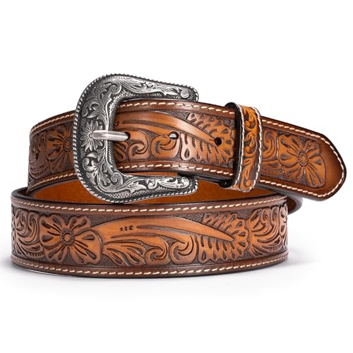 Biybletes Western Cowboy Leather Belt - 1.5 Genuine Leather Country Belt with Durable Buckle (Brown-3 Fit Pants Size 34)