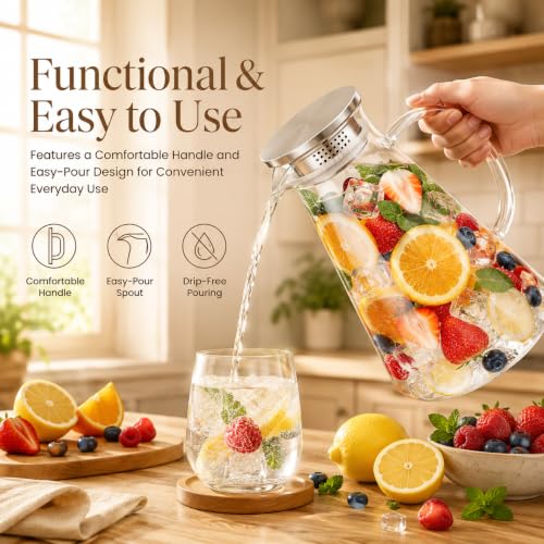 Image of Bellemax Premium Glass Water Jug - 1.8 LTR, Transparent, Hot Cold Water Pitcher with Stainless Steel Lid Water Jug, Iced Tea, Milk and Juice Beverage Carafe, Lemon Jug, 1800ML (TR-03)