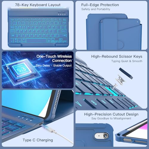 Image of RAYMCRAFT for iPad 11th(A16, 2025) /10th Generation Case with Keyboard, 360 Rotatable Case & Detachable Backlit Keyboard, Precision Cutouts and Pen Holder for iPad A16 11'' /10th 10.9'', Navy Blue