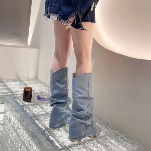 Women's Denim Block Heel Fold Over Knee Boots Fashion Pull On low chunky heel Casual Long Boots Y2K Cowgirl Wide-Calf Boots 6