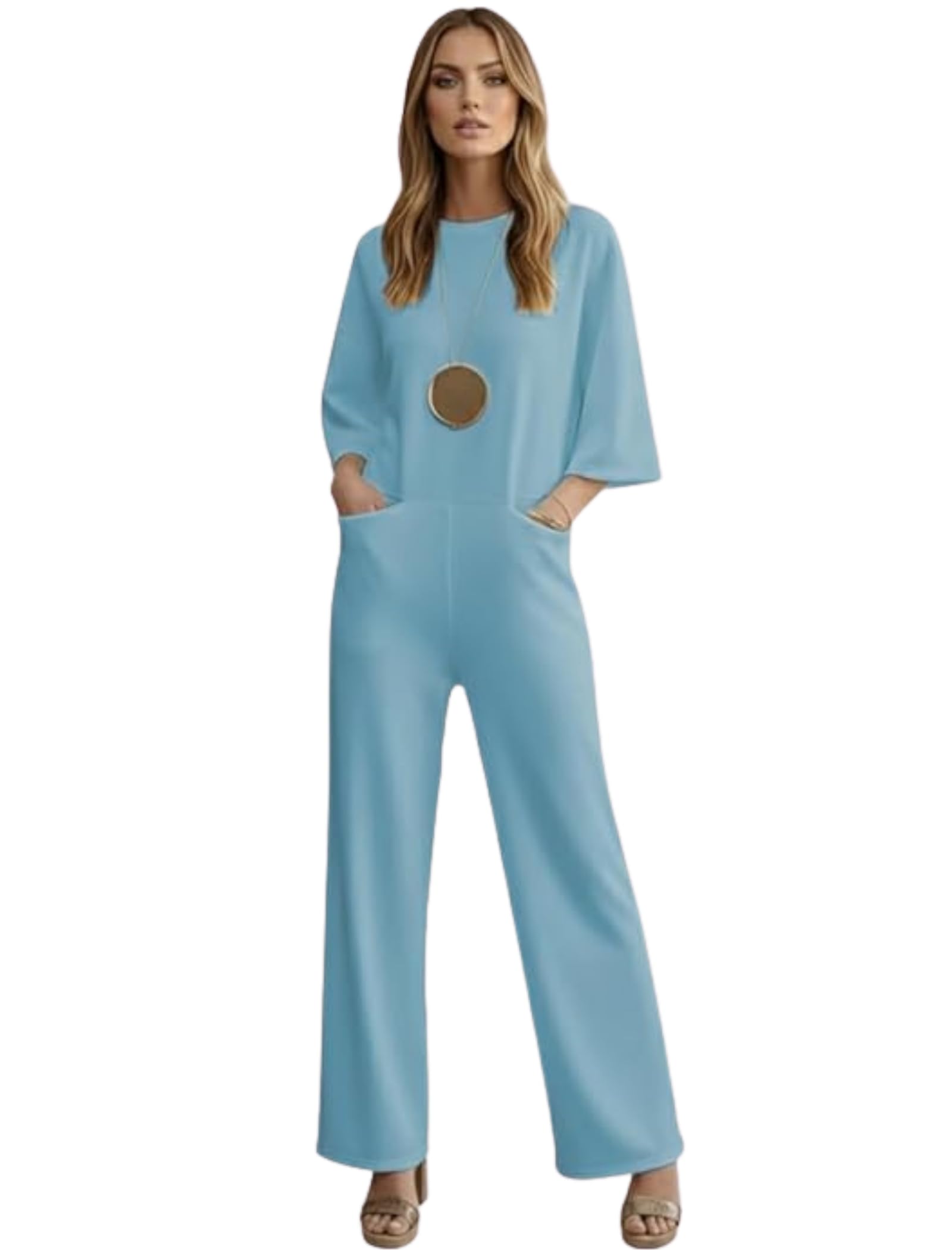classy fashion Woman's Polyester Jumpsuit with 3/4th Sleeves Regular Fit Round Neck Solid Pattern and Ankle Length-picture-34