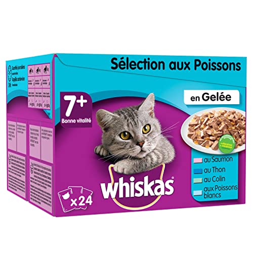 WHISKAS Repas pour Chat Senior - 48 Sachets Fraîcheur (Lot de 2 Packs 24x100g) - Pâtée pour Chat en Gelée - Saumon / Colin / Poissons Blancs / Thon - Nourriture Complète avec Ingrédients Naturels