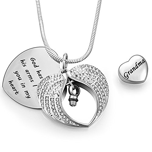Norya God has You in his arms with Angel Wing Diamond Cremation Jewelry Keepsake Memorial Urn Necklace(Grandma)